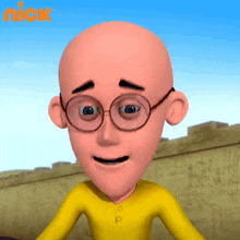 a cartoon character with glasses and a yellow shirt with the nick logo on the bottom