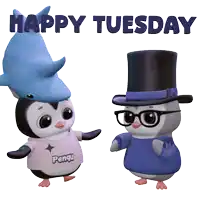 two penguins are standing next to each other with the words happy tuesday written above them