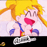 a cartoon of a girl with a surprised look on her face and a sticker that says aiiiik