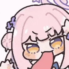 a close up of a cartoon girl with pink hair and glasses .