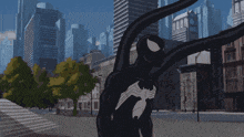 a cartoon character is surrounded by flames and buildings in a city