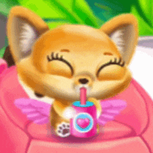 a cartoon fox drinking from a pink cup with wings