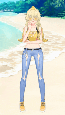 a girl with a duck on her head stands on a beach
