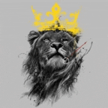 a black and white drawing of a lion wearing a yellow crown and smoking a pipe .