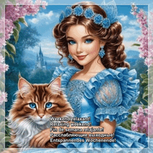 a painting of a girl in a blue dress holding a cat with the caption weekend relaxant