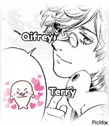 a black and white drawing of a man holding a bird with the name terry on it