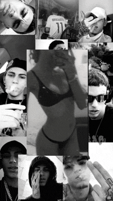 a black and white photo of a woman smoking a cigarette and a man wearing a jersey with the number 11 on it