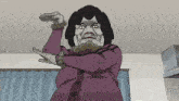 a cartoon drawing of a woman in a purple jacket