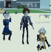 three cartoon characters are standing in front of a building and the name popsaylice is above them