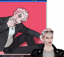 a computer screen shows a drawing of a man in a black jacket