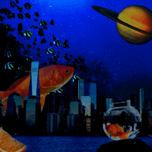 a painting of a city with fish and a planet