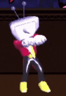 a cartoon character with a white head and antennas is dancing in a video game .