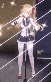 a 3d anime girl is singing into a microphone .