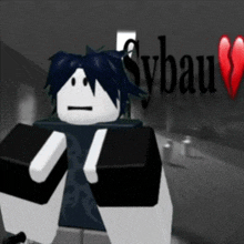 a black and white roblox character with a broken heart and the name sybau