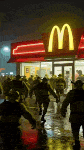 a group of shrek characters are running from a mcdonald 's