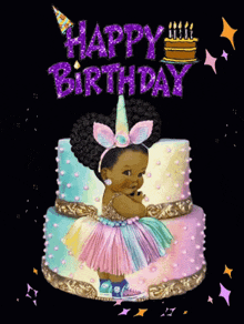 a little girl in a unicorn dress is sitting on a birthday cake with candles .
