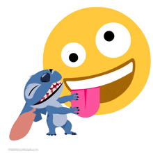 a cartoon of stitch sticking its tongue out next to a smiling smiley face