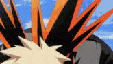 a close up of a cartoon character 's head with a blue sky behind it