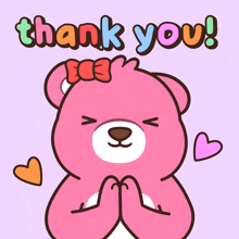 a pink teddy bear says thank you with a bow on her head