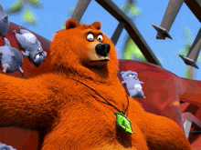 a bear with a green leaf necklace surrounded by mice