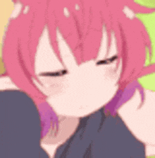 a close up of a pink haired anime girl with her eyes closed and her mouth open .