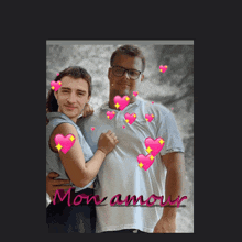 a picture of a man and a woman with the words mon amour on the bottom right