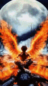 a man with fire wings is sitting on a rock in front of a full moon