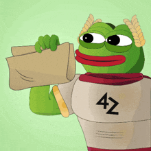 a green frog wearing a shirt with the number 42