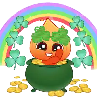 a cartoon of a pot of gold with clovers and a rainbow behind it