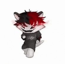 a cartoon cat with red and black hair is wearing a black shirt and a black sweater .