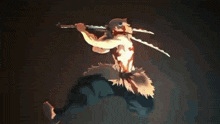 a man is jumping in the air while holding two swords in his hands .