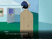 a video game character named kyles is standing in front of a door