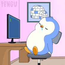 a cartoon of a penguin sitting in front of a computer with the letters z on the screen
