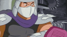 a cartoon character is wearing a mask and holding a pink object .