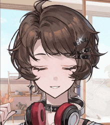 a girl wearing headphones and a hair clip with the letter x on it