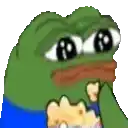 a green frog is holding a piece of popcorn in its hand .