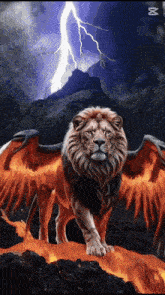 a painting of a lion with flaming wings standing on a rock