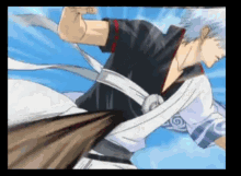 a cartoon character is flying through the air with a blue sky in the background