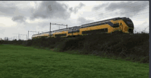 a yellow and blue train is going down the tracks in a grassy field .
