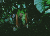 a woman with green hair is standing in a dark forest