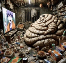 a very fat person is sitting in a messy room in front of a tv screen