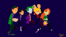 a group of cartoon characters including the joker and lois lane are walking together