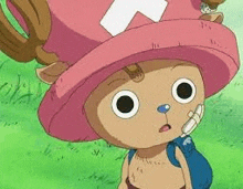 tony tony chopper from one piece is wearing a pink hat and carrying a backpack .