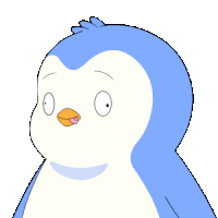a blue and white cartoon penguin with a drop of water on its neck