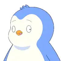 a blue and white cartoon penguin with a drop of water on its neck