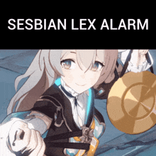 a picture of a girl holding a gong with the words sesbian lex alarm below it