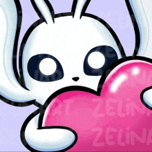 a drawing of a bunny holding a pink heart with the name zelina written in the background