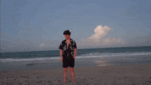 a man in a hawaiian shirt is standing on a beach