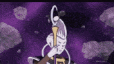 a cartoon character is holding a stick in a purple background .