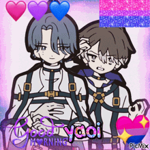 a couple of anime characters standing next to each other with the word yaoi on the bottom